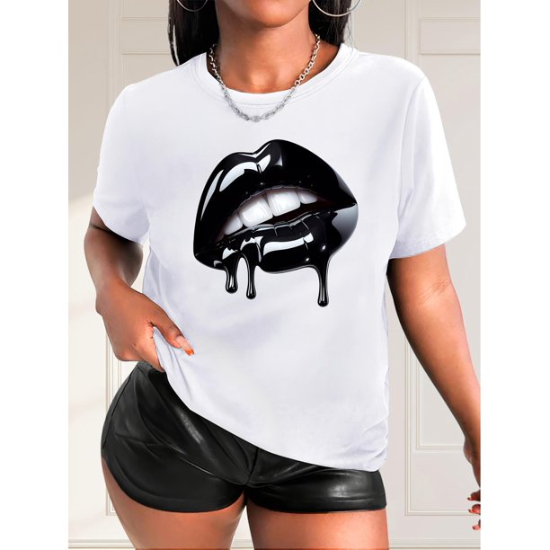 Camiseta básica de verano para mujerStylish Black Lip Print Women's T-Shirt - Casual Fashion Round Neck Short Sleeve Tee, 100% Polyester, Machine Washable, Perfect for Spring/Summer/FallFather's Day