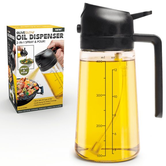 Olive Glow 2-in-1 Oil Spray & Pour Dispenser, Leakproof and Refillable Glass Bottle for Cooking