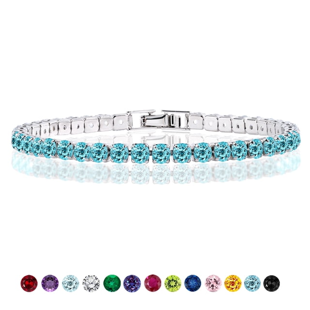 JeenMata 11 TCW Diciembre de corte redondo - Topacio azul - Pulsera de tenis con piedra natal para mujer en diseño de eternidad - Chapado en oro blanco, Mujer, Adulto