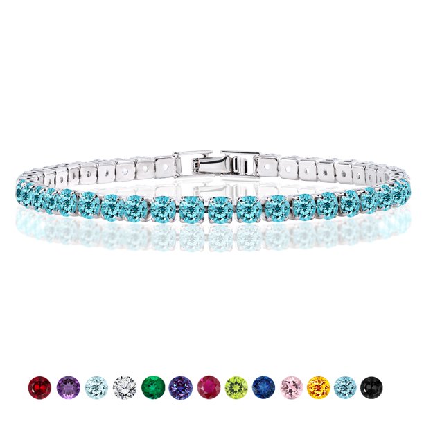 JeenMata 11 TCW Diciembre de corte redondo - Topacio azul - Pulsera de tenis con piedra natal para mujer en diseño de eternidad - Chapado en oro blanco, Mujer, Adulto