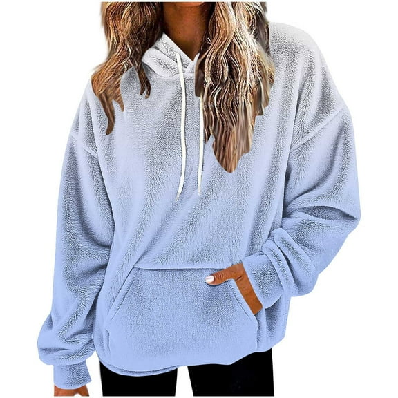 Womens Shaggy Sherpa Hoodie with Pocket Flannel Hooded Pullover Sweatshirt Gradient Color Trendy Winter Tops (XL, Blue 01)