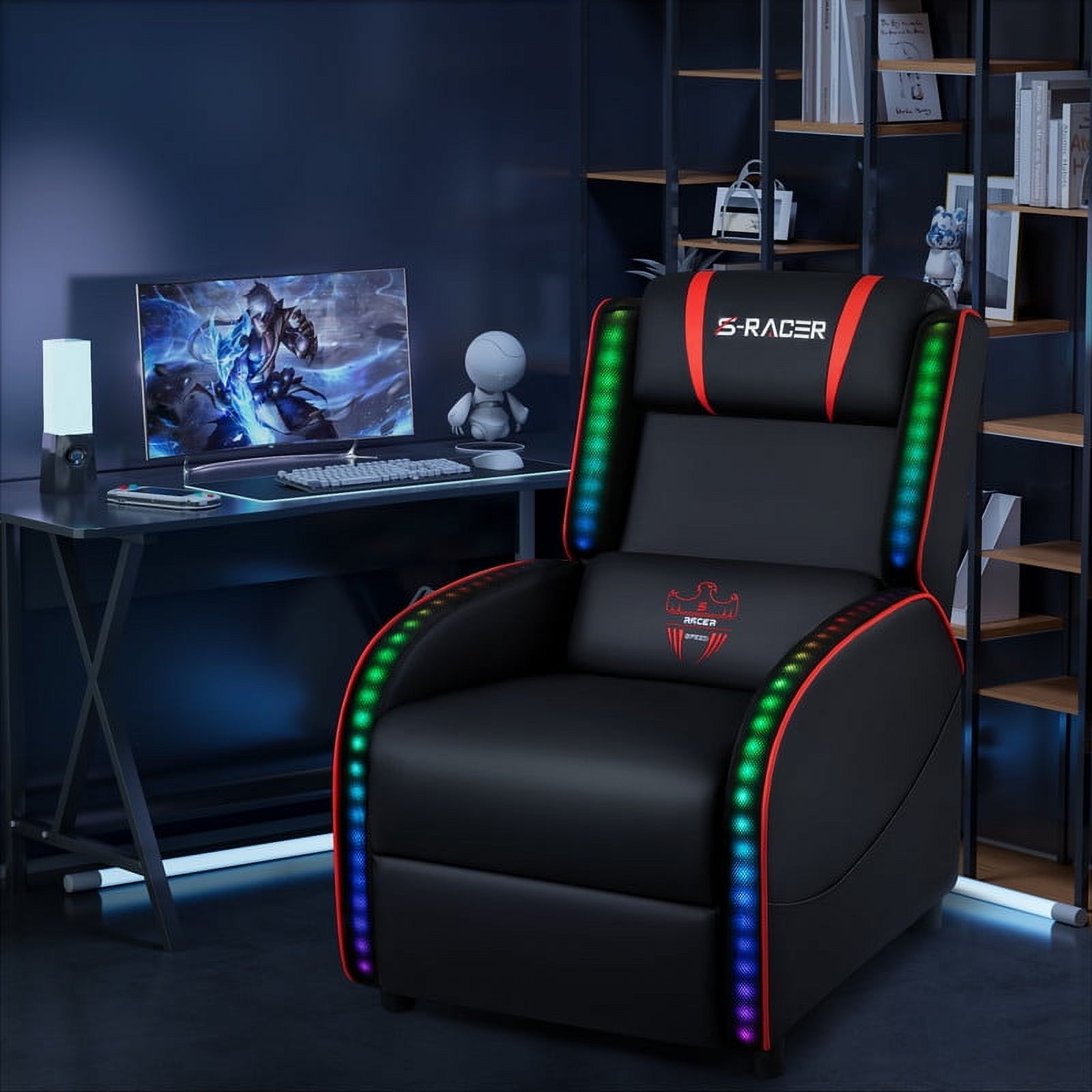 Furmax RGB LED Lights Gaming Massage Recliner Chair Racing Style Single Living Room Sofa Ergonomic Home Theater Seating with Massage Lumbar Support, Red
