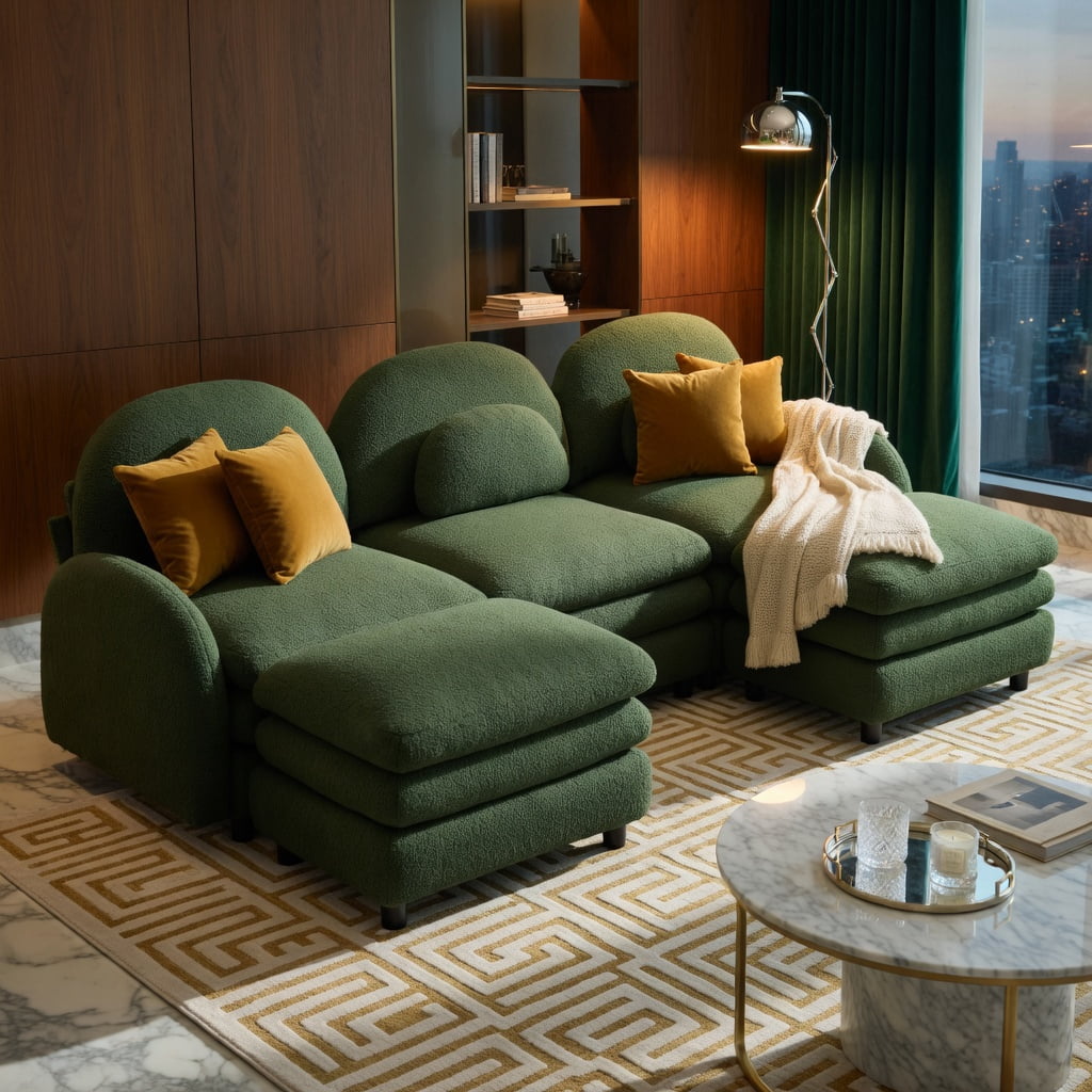 Hommoo Teddy Fleece 3-Seat Modular Sectional Sofa with Curved Backrest, Lumbar Pillows & 2 Movable Ottomans, Cloud-Like Comfort, Easy Assembly, Green