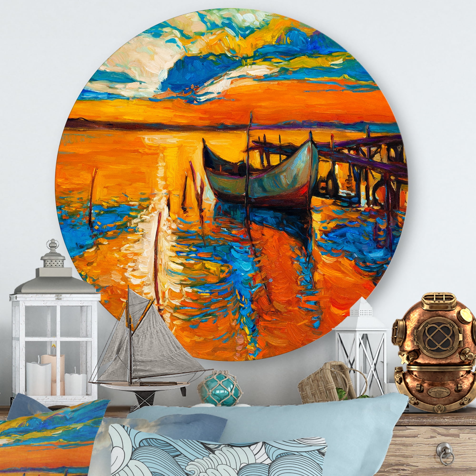 Designart 'Boat At The Lake During Evening Glow VII' Nautical & Coastal Circle Metal Wall Art 11x11 - Disc of 11