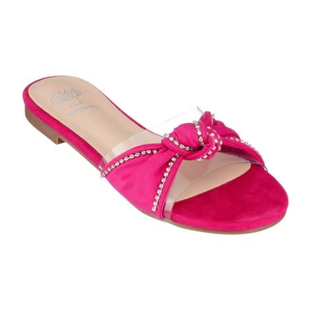 

GC Shoes Womens Flat Fashion Sandals Dressy Jeweled Bow Summer Flats Slip On Clear Band Dress Slides Fuschia/8.5