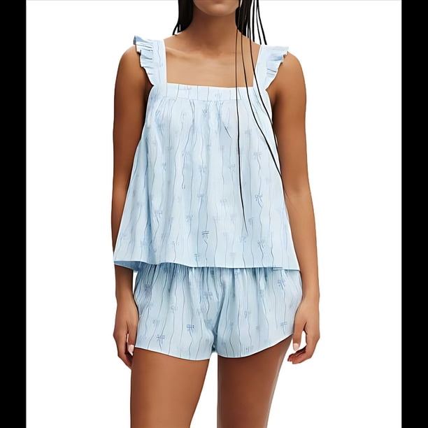 Conjunto de Pijama de 2 Piezas Y2K para Mujer, Sin Mangas, A Rayas, con Volantes, Camiseta Sin Mangas y Pantalones Cortos, Conjuntos de Estar por Casa. Azul S