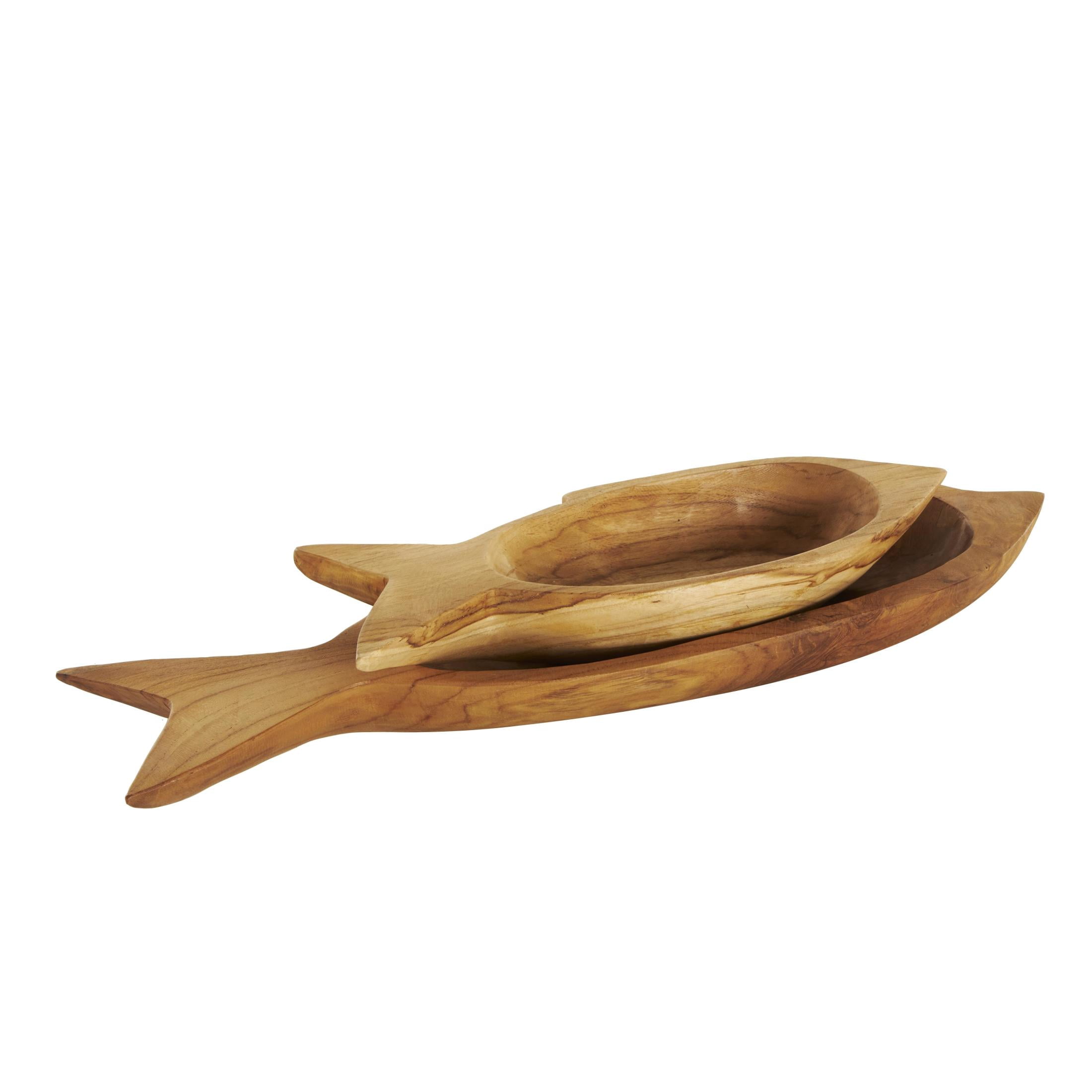 DecMode 23", 5"W Brown Teak Wood Handmade Carved Fish Tray, 2-Pieces