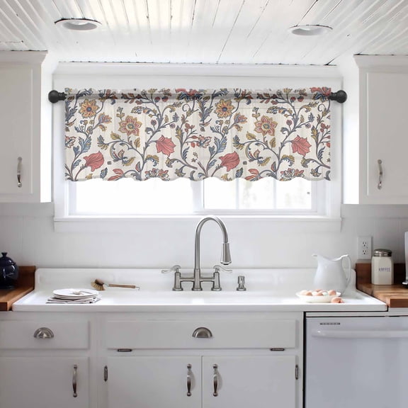 Orange Red Leaf Valance Curtains for Kitchen/Living Room/Bathroom/Bedroom Window, Vintage Farmhouse Boho Pastoral Tribal Rod Pocket Small Topper Half Short Window Curtains Voile Sheer Scarf 60"x18"