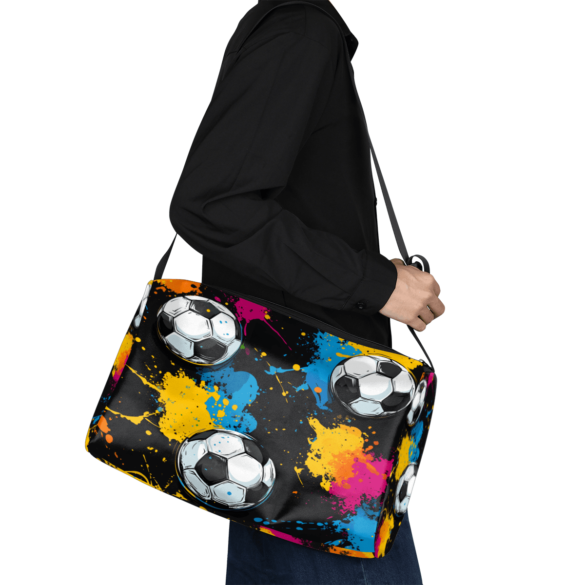 Leather Crossbody Gym Bag Duffle Travel Tote, Football/Soccer Sport Design, Adjustable Strap, Water-Resistant Weekender Carry On Overnight Bag, 14.8x9.9x7.9 Inch