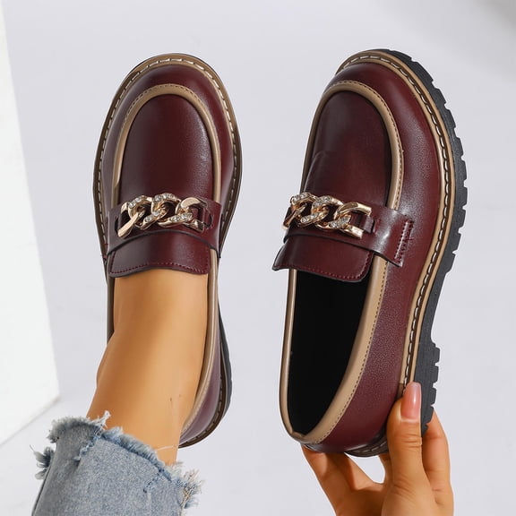ZunFeo Womens Burgundy Loafers Slip On - Chunky Platform Shoes with Chain Detail, Comfortable Casual & Work Flats, US 5.5-9.5,Size 7