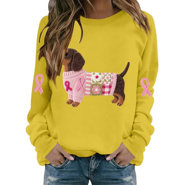 Jindong Women's Dog Ribbon Breast Cancer Awareness Print Sweatshirt