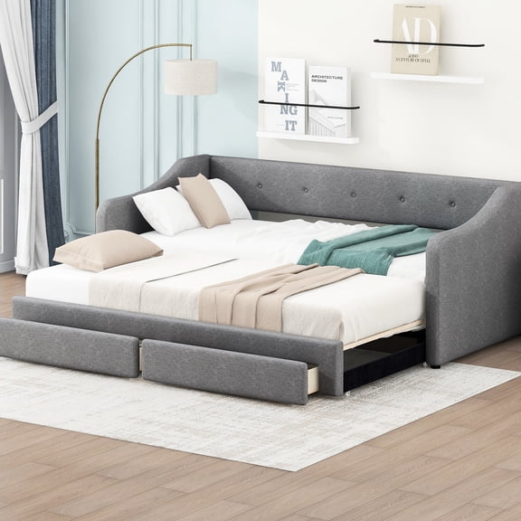 Twin XL to King Size Gray Upholstered Daybed with Storage for Tidy Bedrooms and Extra Sleep