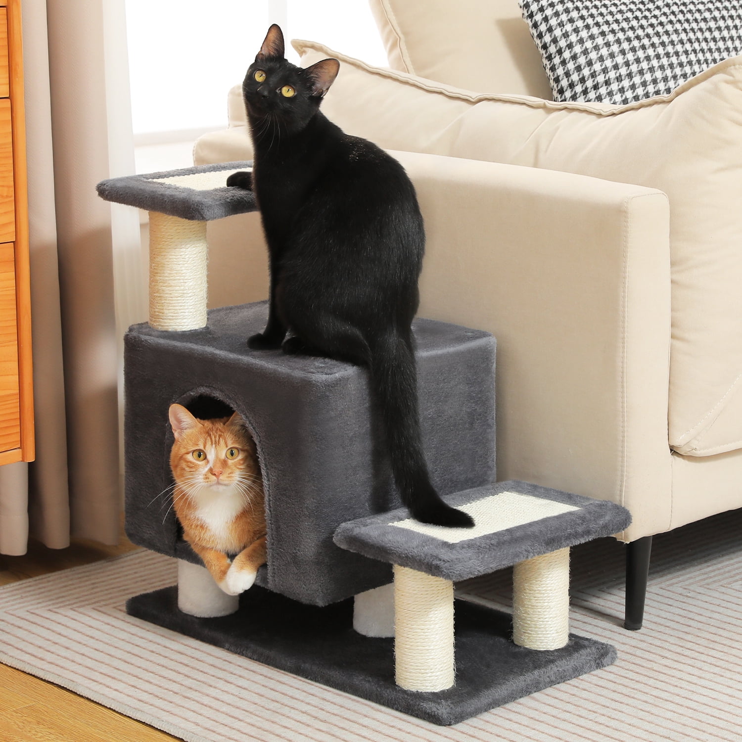 Pefilos 21" Cat Tree Tower with Scratching Post, 3-Step Pet Dog Stairs with Cat Condo for Small Dog, Gray