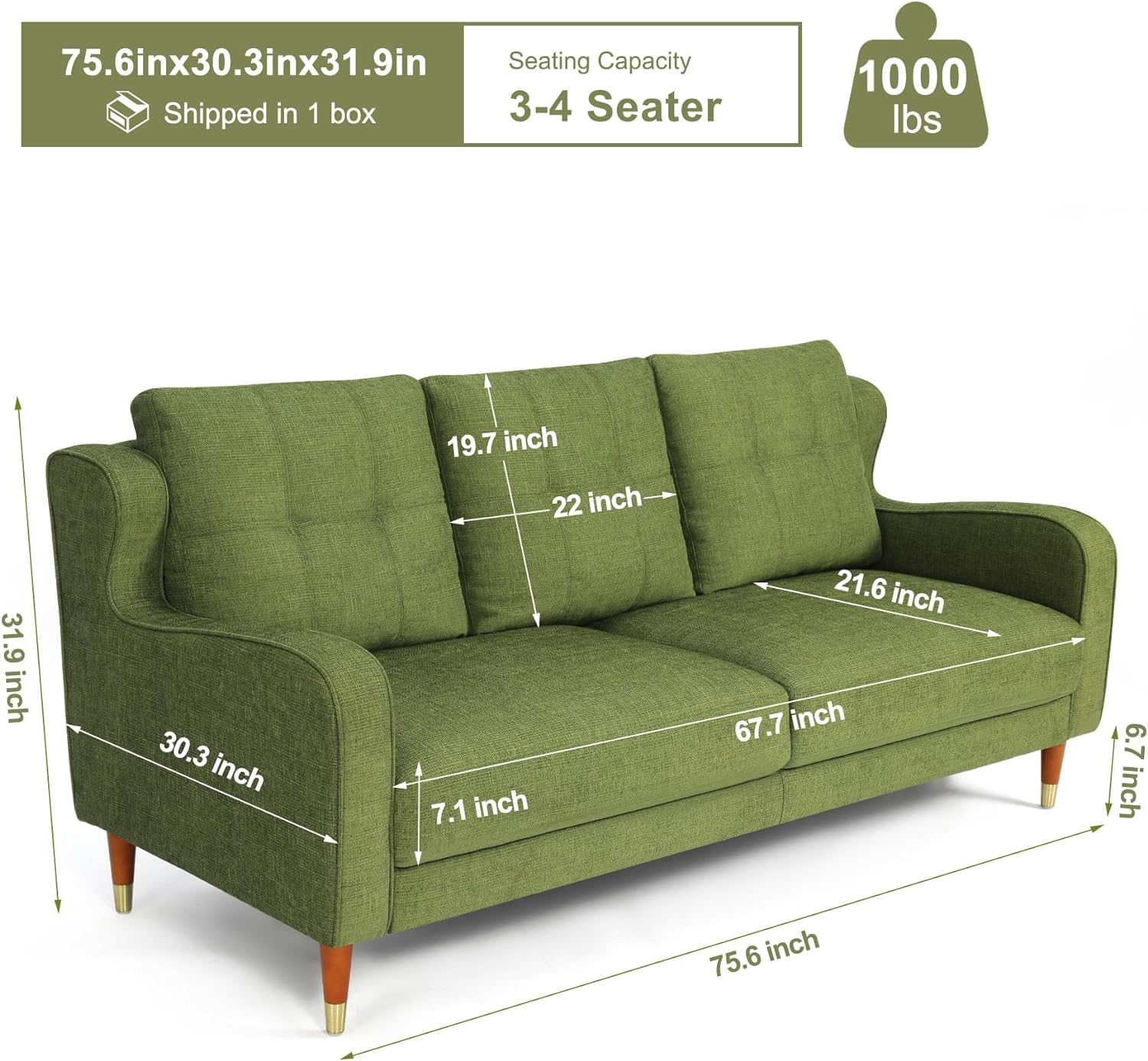 Farmdex 76-Inch Mid-Century Modern 3-Seater Sofa Couch with Spring Support, Linen Fabric, Solid Wood Legs, Ideal for Living Room, Dorm, and Bedroom Green