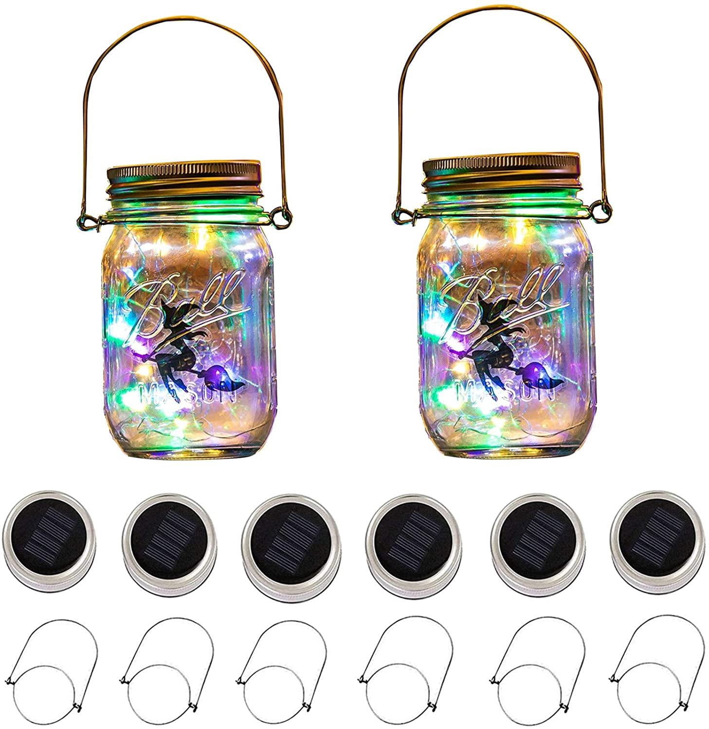 Hinzonek Hanging Solar Mason Jar Lights, 6 Pack 20 Led String Hanging Mason Jar Lanterns for Outdoor Decor Lamps for Outside Patio Garden Yard Fence Wedding Table, Multicolor (No Jars)