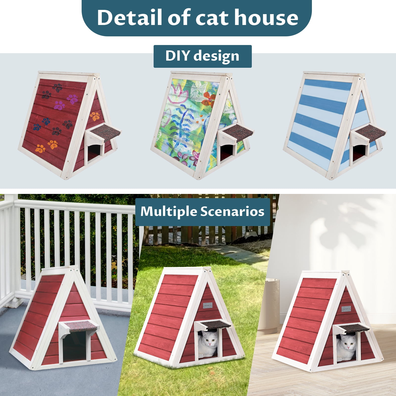 Petsfit Outdoor Cat House Weatherproof, Outside Feral Cat House with Escape Door,Outdoor Indoor Pet House for Small Animal,Red