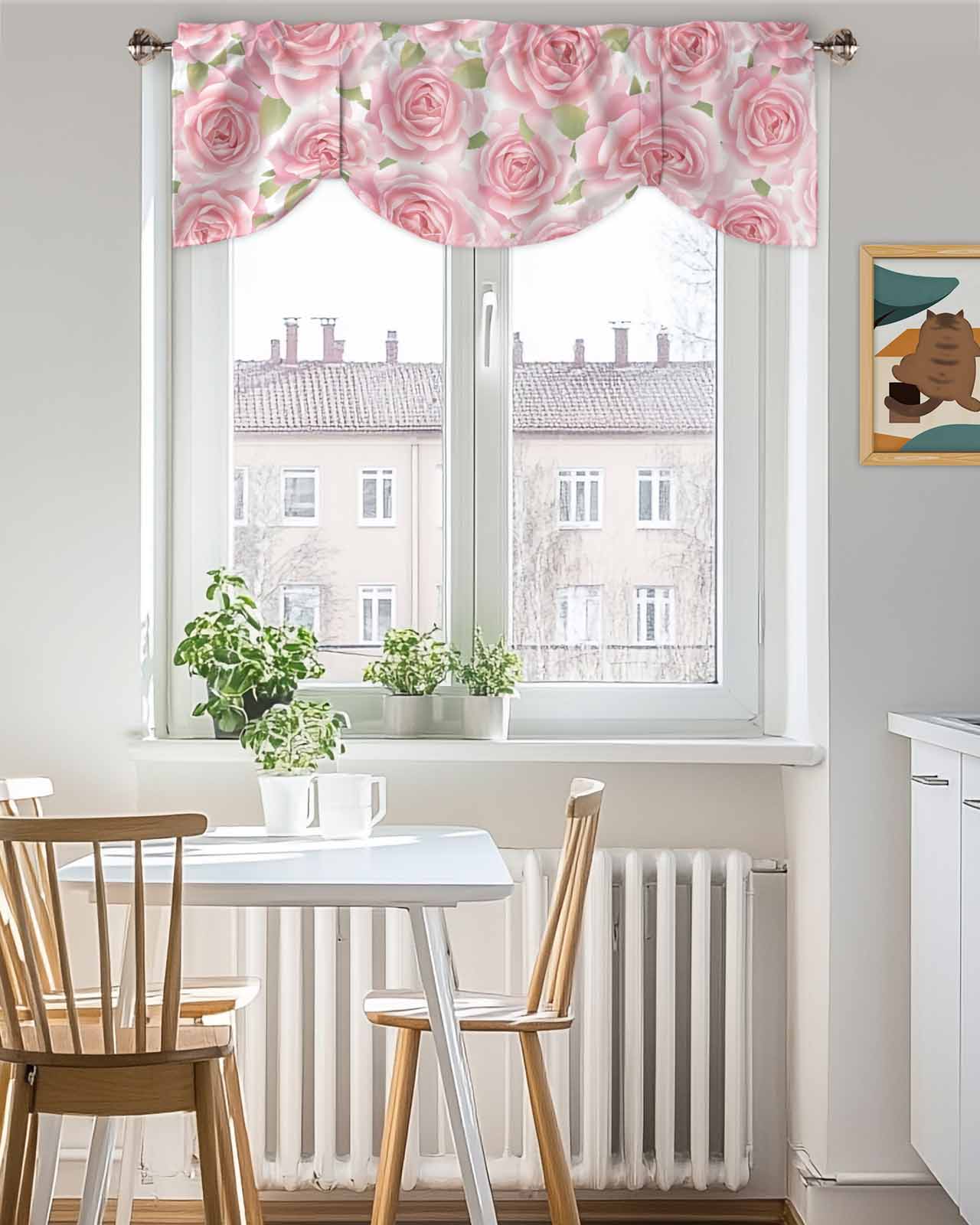 Pink Rose Floral Tie Up Valances Curtain, Adjustable Kitchen Flowers Leaves Pastoral Plant Classic Valances for Windows Decor, Rod Pocket Short Curtains Set for Bedroom/Bathroom, 54"x18"