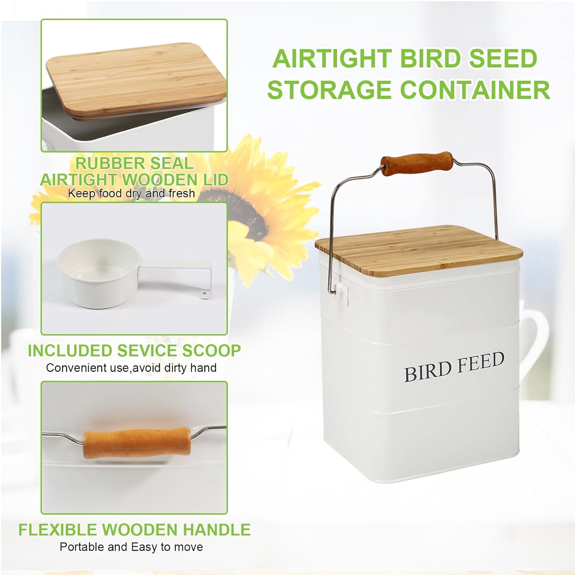 Brabtod Seed Storage Container & Pet Food Storage Container Airtight Metal Food Tin with Wooden Lid, Handle & Scoop, Holds 5-6 lbs, Ideal for Bird Seed, Dog & Cat Food Storage