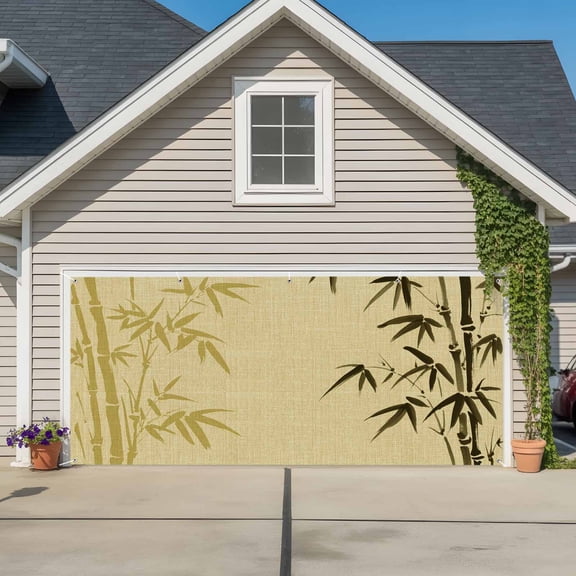 Vintage Bamboos Garage Door Cover Banner 6 x 13 FT, Ink Painting Retro Art Rustic Garage Door Curtains Backdrop with Grommets for Indoor Outdoor Wall Party Porch Yard Decorations Background