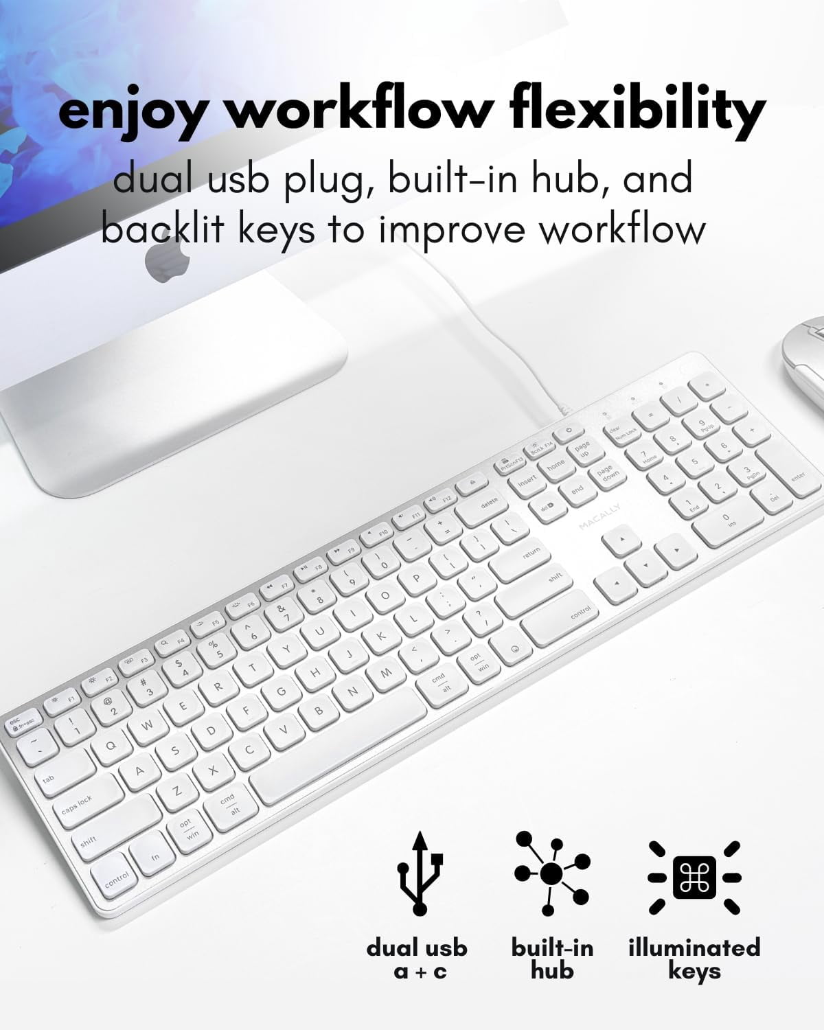 Macally Wired Keyboard for Mac with USB Hub (2X USB-A / 1x USB-C) - Compatible Backlit Apple Keyboard with Dual Interface - Auto OS Detection for Mac, MacBook, iMac, PC, Android, iPad, iOS - Silver