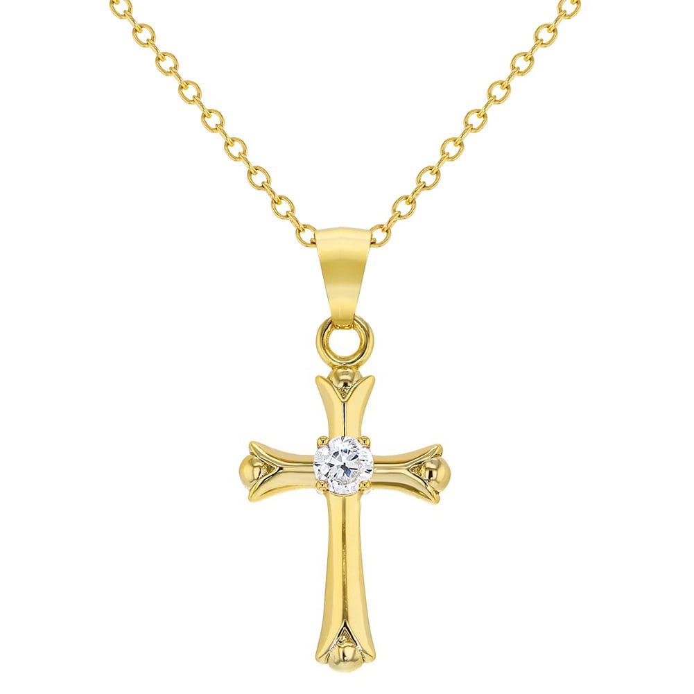 Gold Plated Clear Cubic Zirconia Small Cross Pendant Necklace for Girls 16