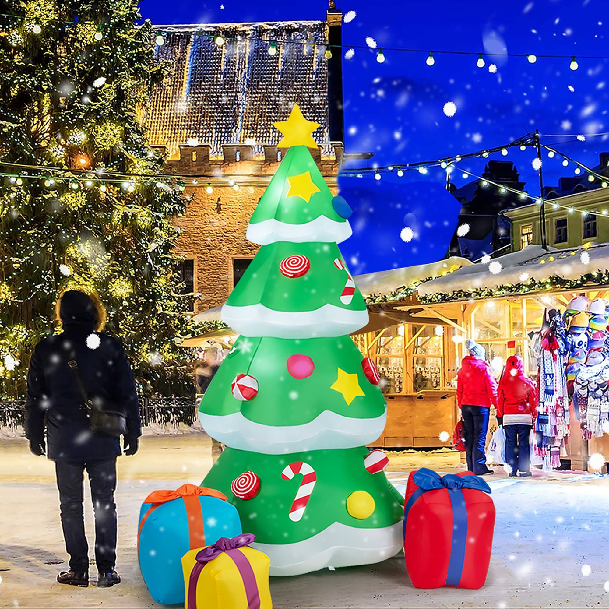 Indoor Outdoor Yard Garden Christmas Decoration Chrismtas Inflatables Outdoor Decoration 7 Feet LED Light Up Giant Christmas Tree Inflatable with 3 Gift Wrapped Boxes for Blow Up Yard Decoration 