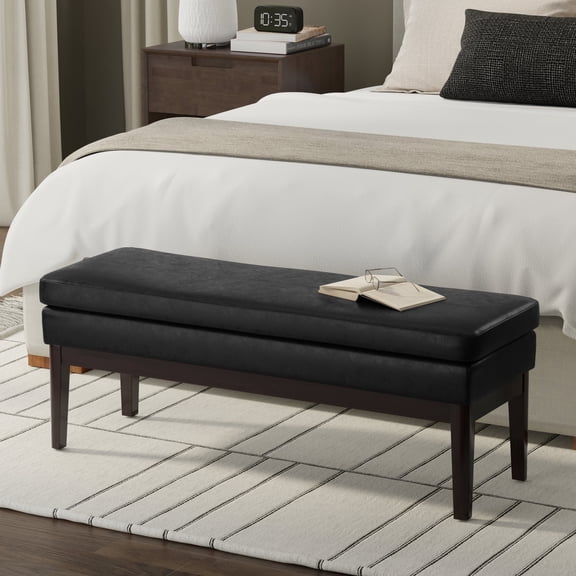 Carlson 45 inch Wide Mid Century Ottoman Bench in Distressed Black Vegan Faux Leather