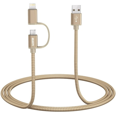 ESR Apple and Android Smartphone Data Line/Charging Cable, double connector for iPhone X/8Plus/7/6s/6/SE/5S/iPad/MI and Others,1.2m, champagne gold