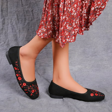 

uikmnh Women Shoes On Casual Women Shoes Fashion Breathable Single Comfortable Flat Embroidered Slip Suede Women s Casual Shoes Black 7