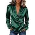 thumbnail image 2 of Qgtaibl Womens Work Long Sleeve Blouses Satin Wrap Deep V Neck Pleated Shirts Elegant Loose Fit Office Dressy Tops Green XXXL, 2 of 9