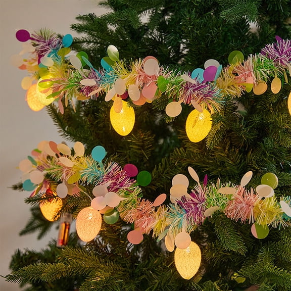 Easter Tinsel Garland with Egg-Shaped LED Lights - USB Powered, Multicolor Hanging Wreath for Easter Party, Home Mantel, Doorway & Indoor Use, Reusable Festive String Lights