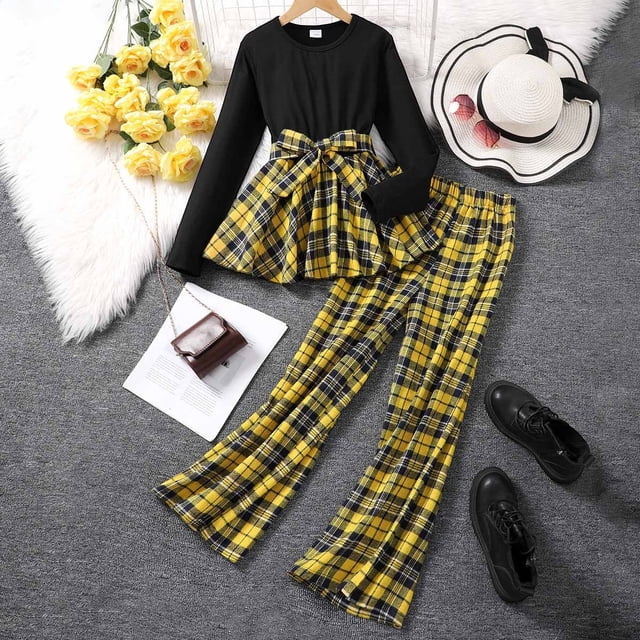 Ensemble de Tenues pour Filles Robe à Carreaux à Manches Longues à Col Rond avec Pantalon Assorti 2 Pcs Tenue Décontractée d'Hiver Automne pour l'École et les Fêtes pour Enfants Tenues pour Petites Filles Ensemble Jupe Juniors Tenues Assorties Maman et Fille