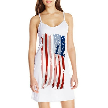 

Women Slim A-Line V-Neck American Flag Dress July 4th Printing Stars Stripes Graphic Sleeveless Sling Skirt Dress