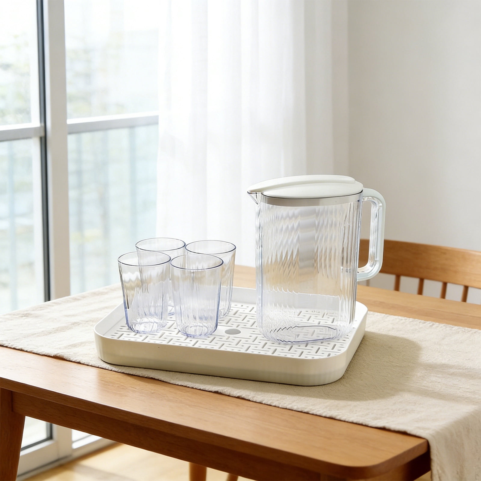 2000ML Large Capacity Cold Water Pitcher and Cup Tray Set Plastic Teapot and Fruit Tea Set Clear Beverage Jug with Drinking Utensils for Iced Tea Lemonade Party Barbecue Home Office