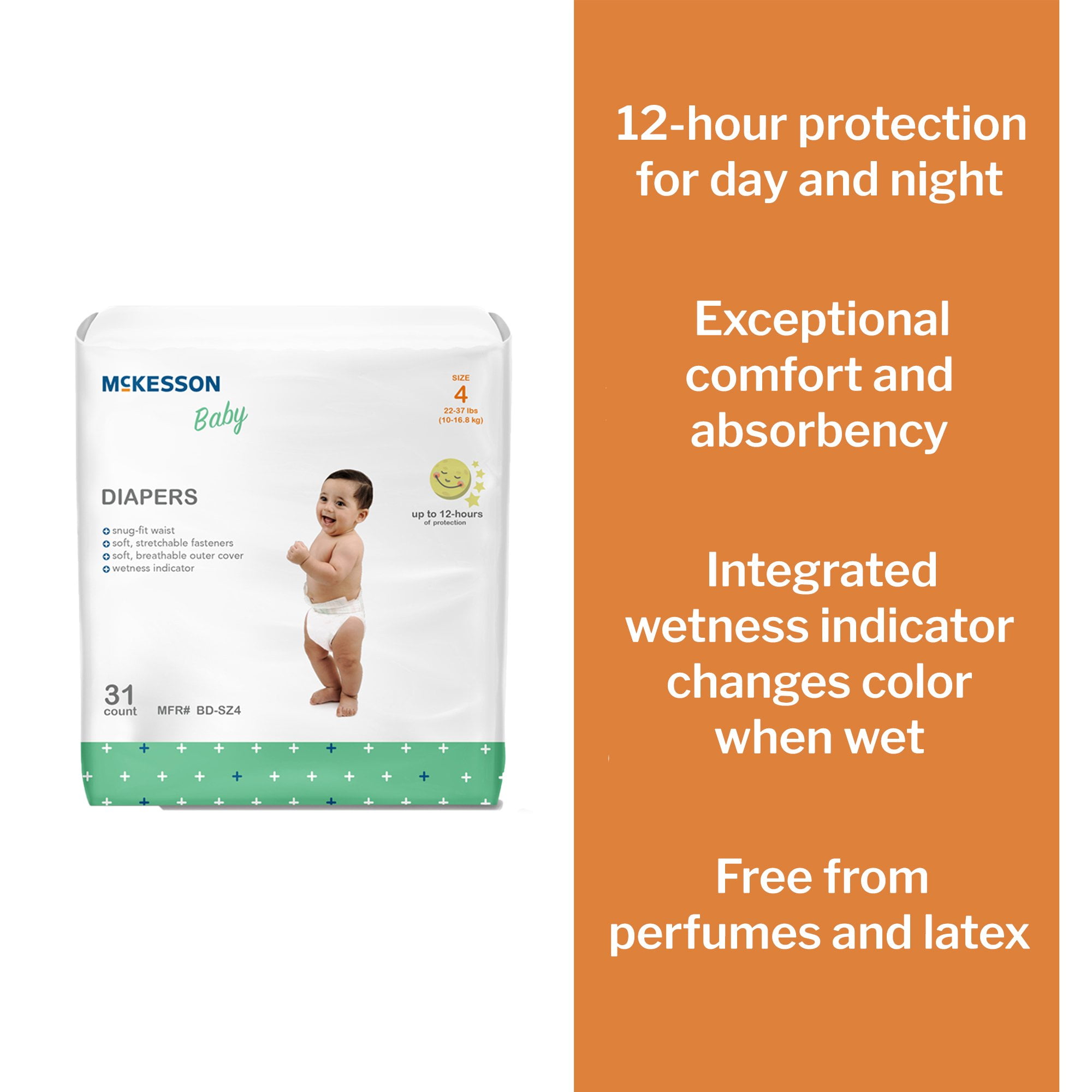 McKesson Unisex Breathable Overnight Baby Diapers, 12-Hour Absorption, Size 4 - 22 to 37 lbs, 31 Count, 4 Packs, 124 Total
