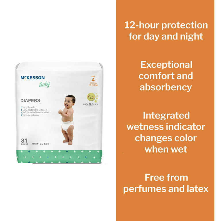McKesson Unisex Breathable Overnight Baby Diapers, 12-Hour Absorption, Size  4 - 22 to 37 lbs, 31 Count, 1 Pack 