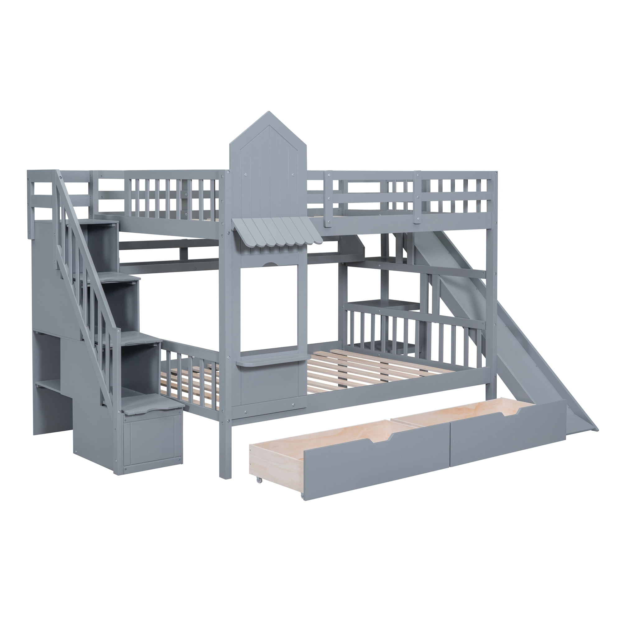 Full over Full Bunk Bed for Kids, Castle Style Bunk Beds with 2 Drawers, Slide and Storage Shelves, Solid Wood Bunk Bed Frame for Kids Girls Boys Teens