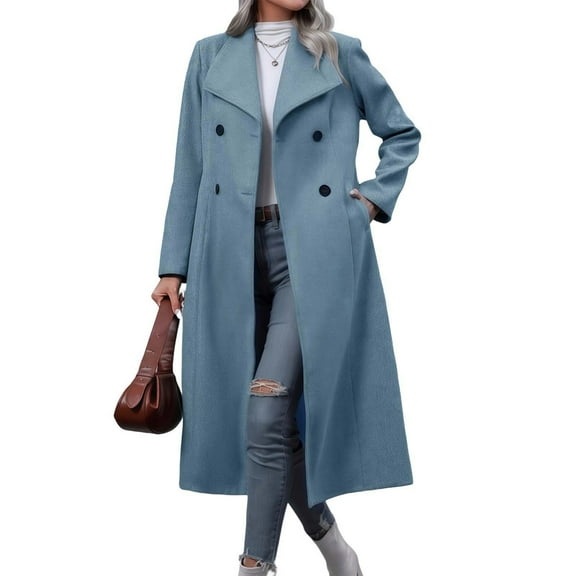 YueHuiYing Women's Double Breasted Long Trench Coat Windproof Classic Turndown Collar Slim Overcoat
