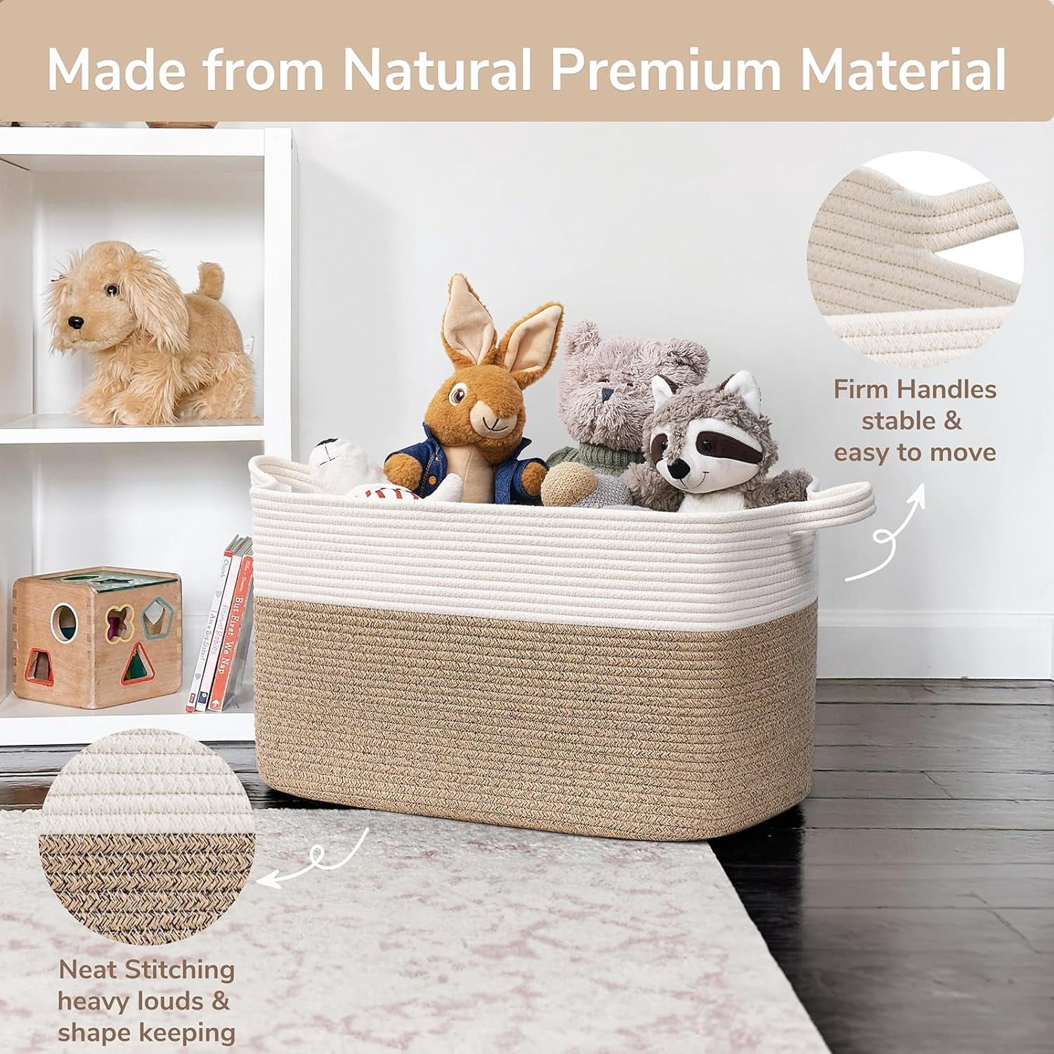 Large Rectangular Woven Cotton Rope Basket 21.6×14.9×11.8 in White Brown Storage Bin for Blankets Toys Bedroom Living Room