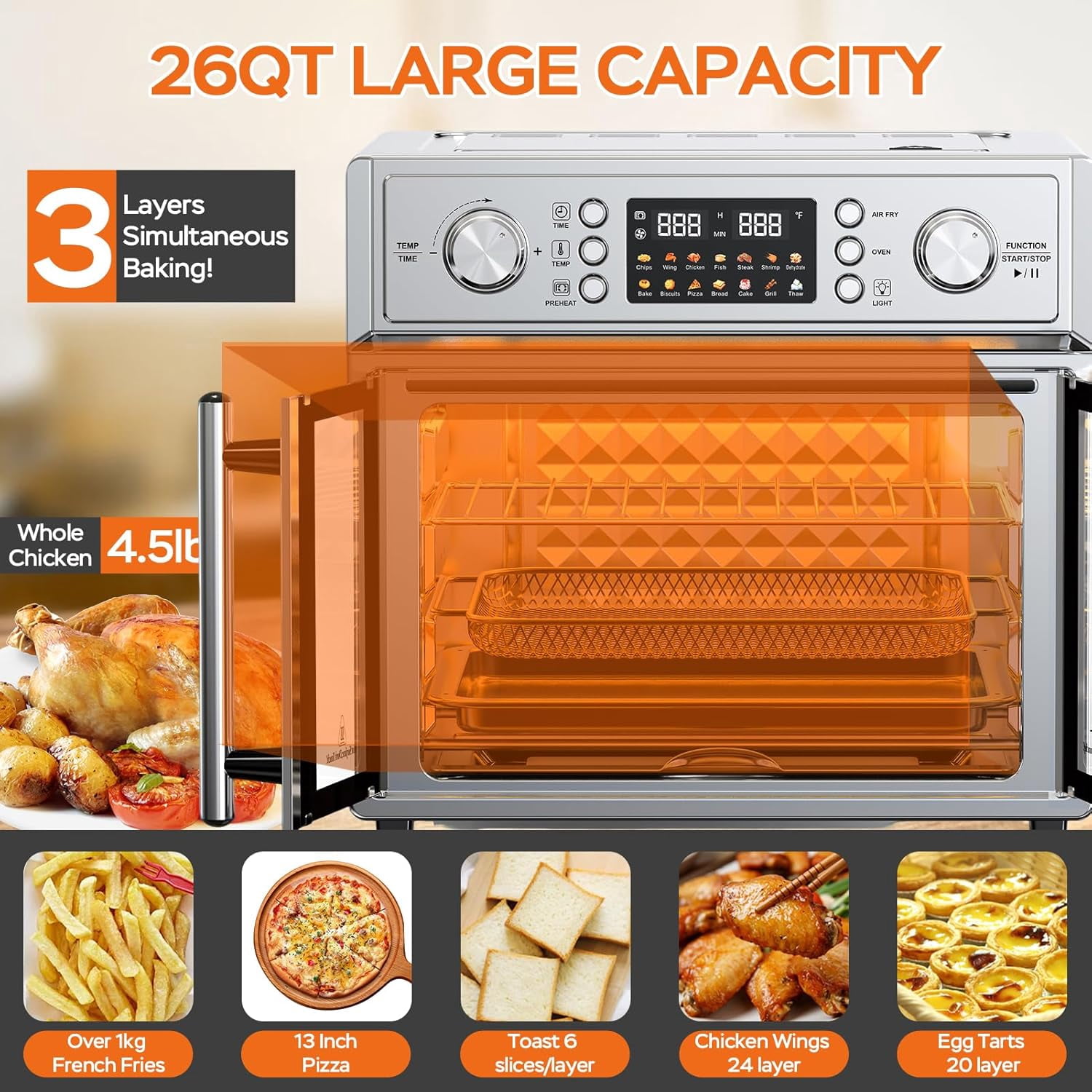 Plum Chef 26QT Large Capacity French Double-Door Air Fryer Convection Toaster Oven, 1700W, 14 Preset Menus, 7-in-1 Multi-Function (Bake, Roast, Gril,Toast,Dehydrate&Defrost), Stainless Steel,silvery