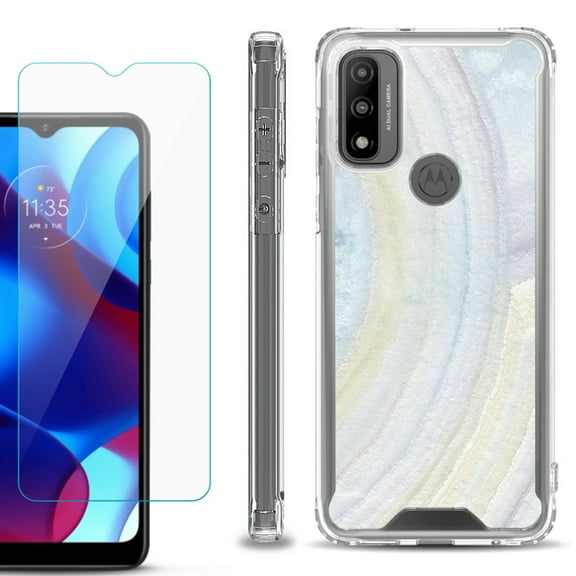 Shockproof Bumper Phone Case for Motorola Moto G Pure, with Tempered Glass Screen Protector, by OneToughShield ® - Marble / Rainbow