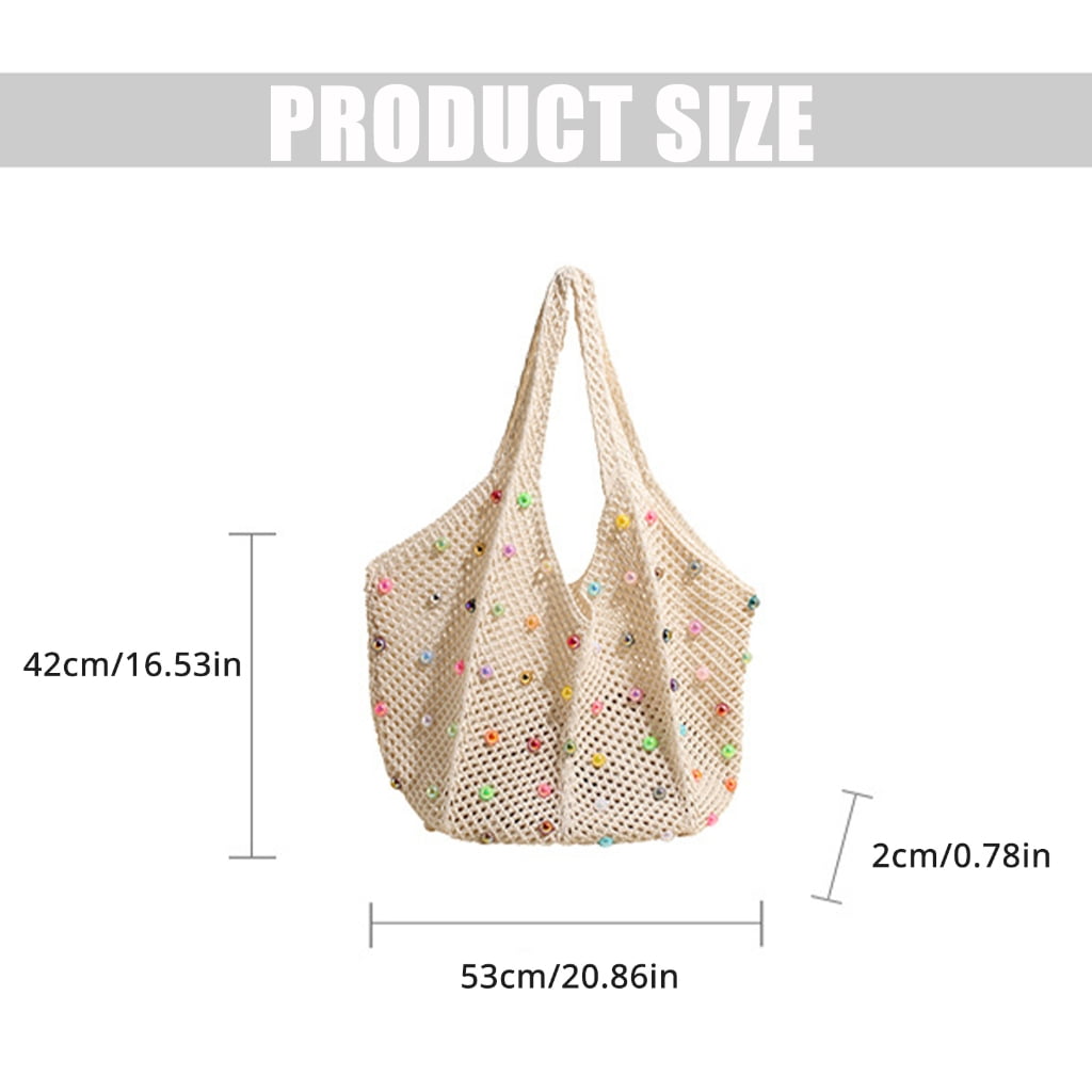 Aurgiarme Women's Crochet Beach Bag Knit Shoulder Bag with Beads Decoration Large Capacity Underarm Handbag for Outdoor