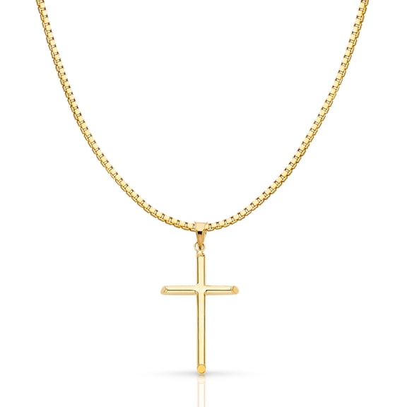 14K Yellow Gold Classic Cross Religious Charm Pendant with 1mm Box Chain Necklace - 22"