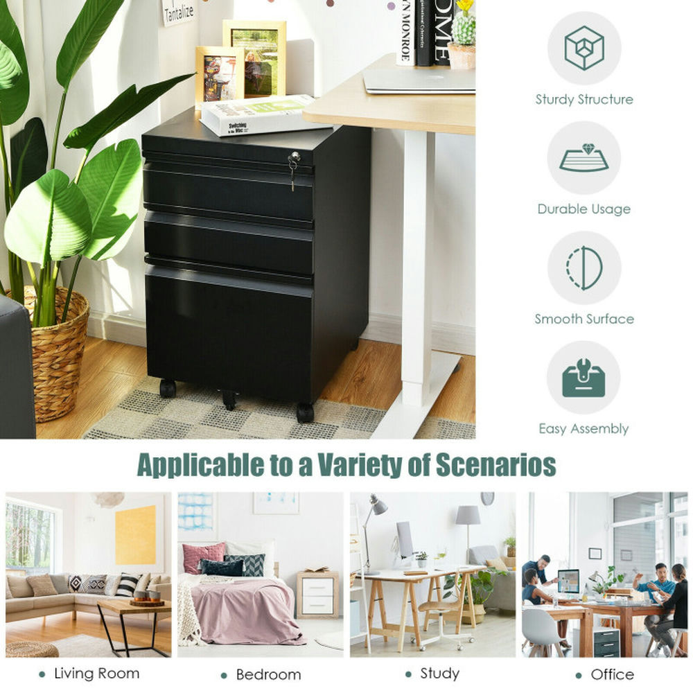 Demi Bonn 3-Drawer Mobile File Cabinet with Lock, Stee Filing Cabinet for Home Office, Black