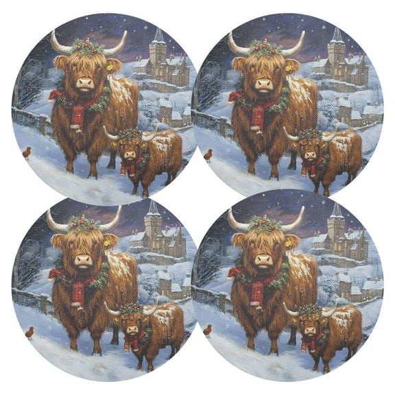 Ryvnso Highland Cattle Christmas Round Plate Mats Dining Table Placemat Set of 4 for Holiday Decoration