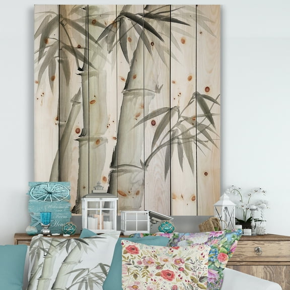 Designart 'Vintage Black and White Bamboo V' Lake House Print on Natural Pine Wood