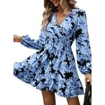 thumbnail image 1 of Robe Courte à Fleurs pour Femme à Manches Longues, Décontractée, Col en V, en Mousseline, Modeste, Bohème, Fluide, Automne, Invitée de Mariage, Bleu Royal, P, 1 of 9