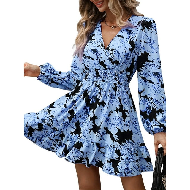 Robe Courte à Fleurs pour Femme à Manches Longues, Décontractée, Col en V, en Mousseline, Modeste, Bohème, Fluide, Automne, Invitée de Mariage, Bleu Royal, P