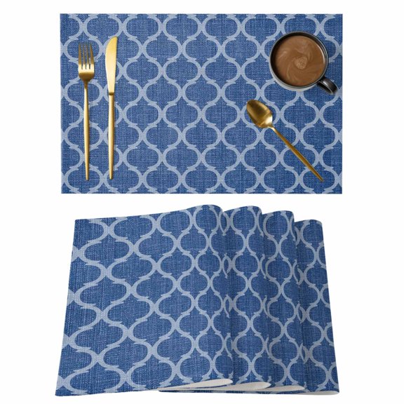 Dark Blue Morocco Placemats Set of 6, Ethnic Abstract Geometric Quatrefoil Grid Placemats for Dining Table, Place Mats for Kitchen Tabletop, Waterproof Wipeable Dining Table Mats Set