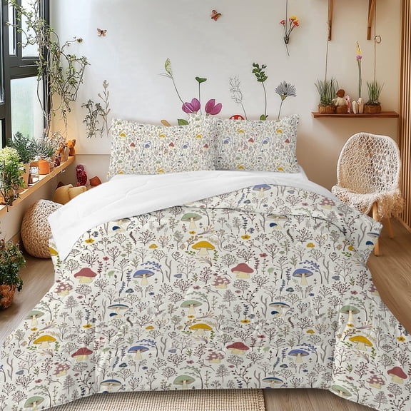 Sleepwish Kids Comforter Set, 3-Piece Mushroom Pastoral Bedding Sets for Girls King